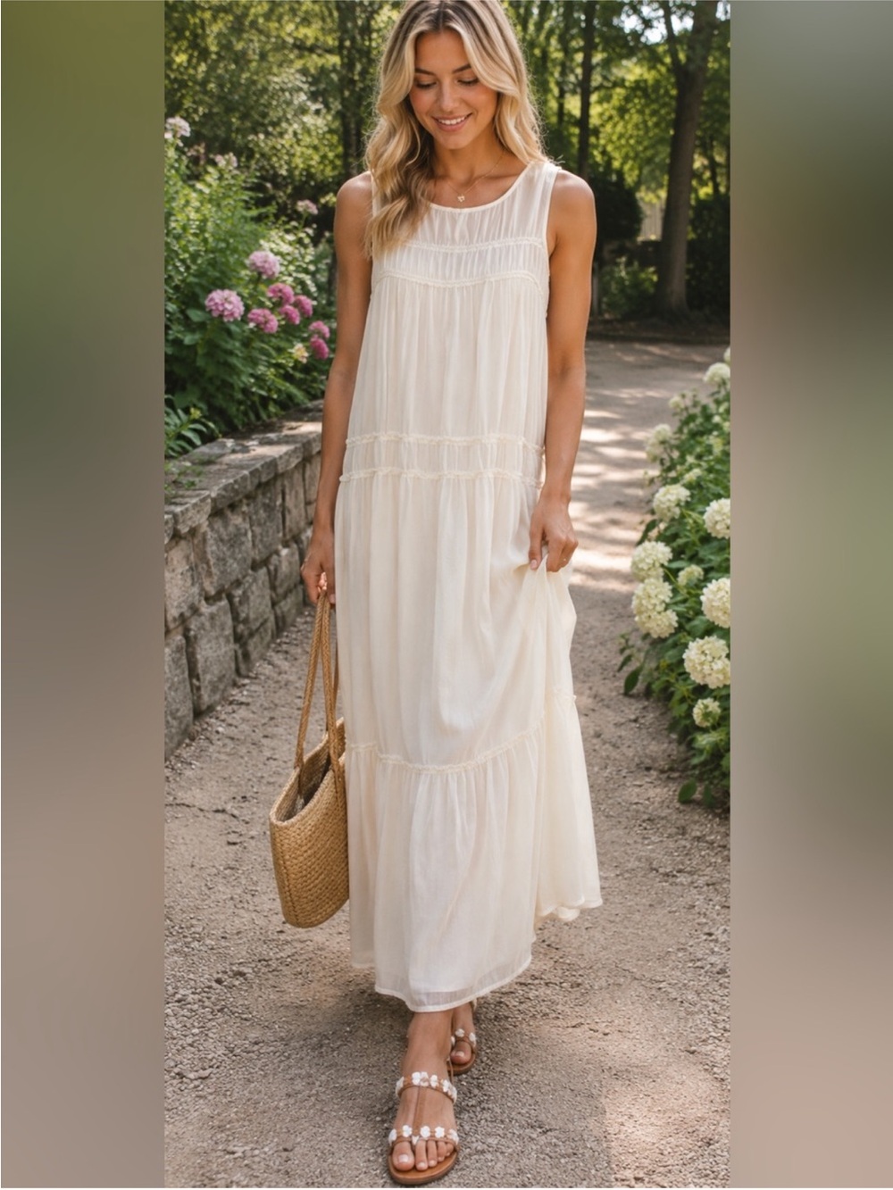 NWT ~ Boho Cream Maxi Dress with Sheer Layers ~ Size L (12-14)